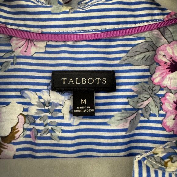 Talbots Top Womens M Blue Floral Popover Button Up Collared Long Sleeves Cottage - Picture 2 of 14